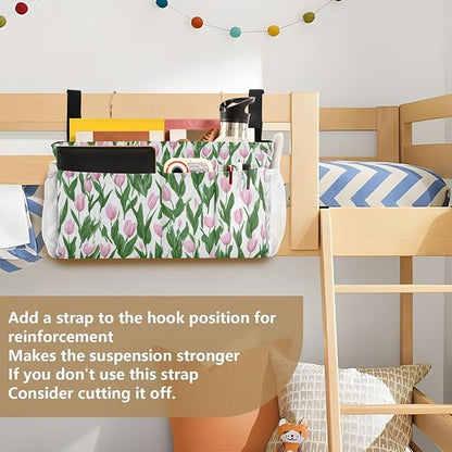 CuwrYet Bedside Caddy Hanging Bunk Bed Caddy Bed Organizer Hanging Pocket with 2 Hooks Bedside Storage Organizer Pocket Bag Holder Small Tulips Pink