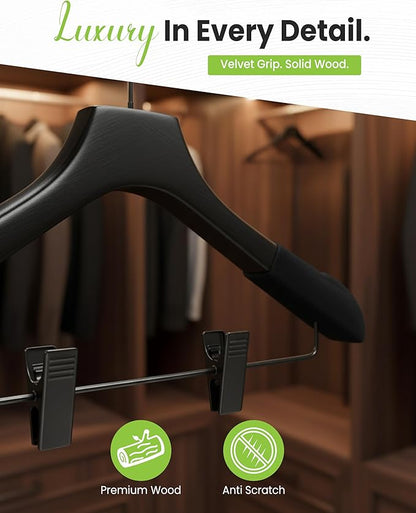 All Hung Up Hangers - Wooden Hangers with Clips for Women, Solid Wood Skirt & Suit Hangers, Heavy-Duty Adjustable Non-Slip Design with Velvet Grip, Black with Black Velvet, 6 pcs