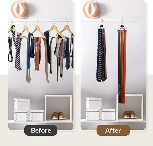 ZEDODIER 2 Pack Tie Hanger & Belt Organizer, Rotatable Tie Rack Space Saving Tie Holder with 16 Adjustable Hooks for Closet Organizers and Storage, Sturdy Belt & Tie Collection Storage, Black
