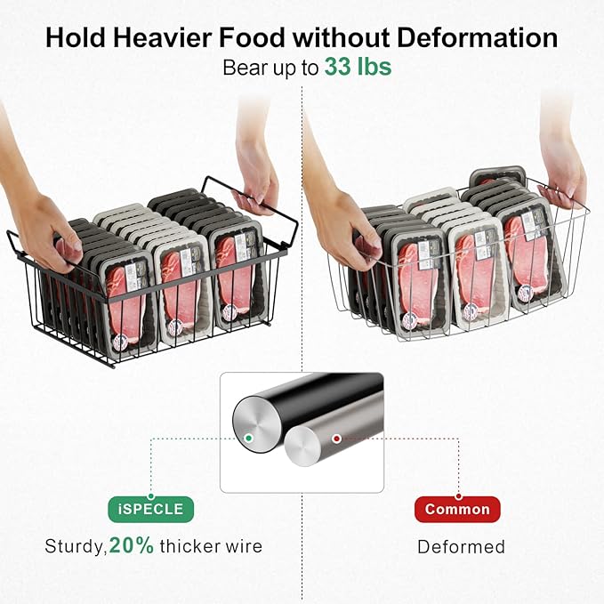 iSPECLE Chest Freezer Organizer - 3 Pack Stackable Deep Freezer Organizer Bins for 5 Cu Ft Freezer Sort Frozen Food, Freezer Organizer Bins Get Food Easily with Handle Add Storage Space, Black