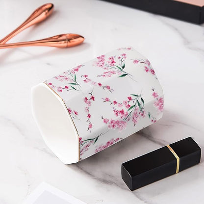 Pen Holder Stand for Desk Floral Pattern Pencil Cup for Girls Kids Durable Ceramic Desk Organizer Makeup Brush Holder for Office Classroom Home Pink Flowers