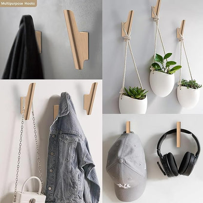 Wood Wall Hooks 4 Pack Coat Hooks Wall Mount Natural Wooden Hooks for Hanging Hat, Bag, Backpack, Rustic Coat Hooks for Wall, Wood Towel Hooks for Bathrooms and Entryway Hooks