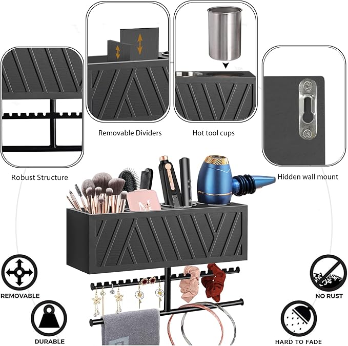 Ronjnndc Rustic Hair Dryer Holder Wall Mounted,Hair Styling Tools & Accessories Organizer,Bathroom Supplies & hot Tools vanities Organizer Caddy,for Storage Flat Iron,Blow Dryer,Curling Iron,Towel