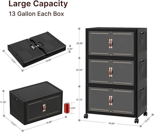 Extra Large Stackable Storage Bins, Lockable Storage Bins with Lids, Folding Storage box with Doors and Wheels, Collapsible Plastic Drawers for Home, Garage, Office (6, Black, Medium)