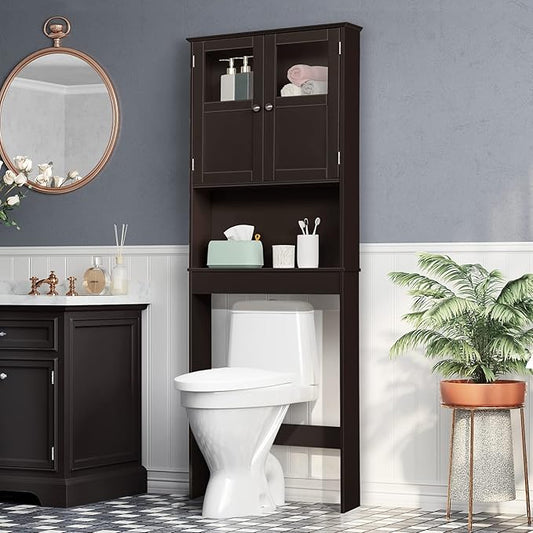 Bonnlo Over The Toilet Storage Cabinet Bathroom Behind Toilet Shelf Towel Storage Freestanding Organizer Space Saver with Double Door Glass Window Cabinet Tower with Adjustable Shelf (Brown)