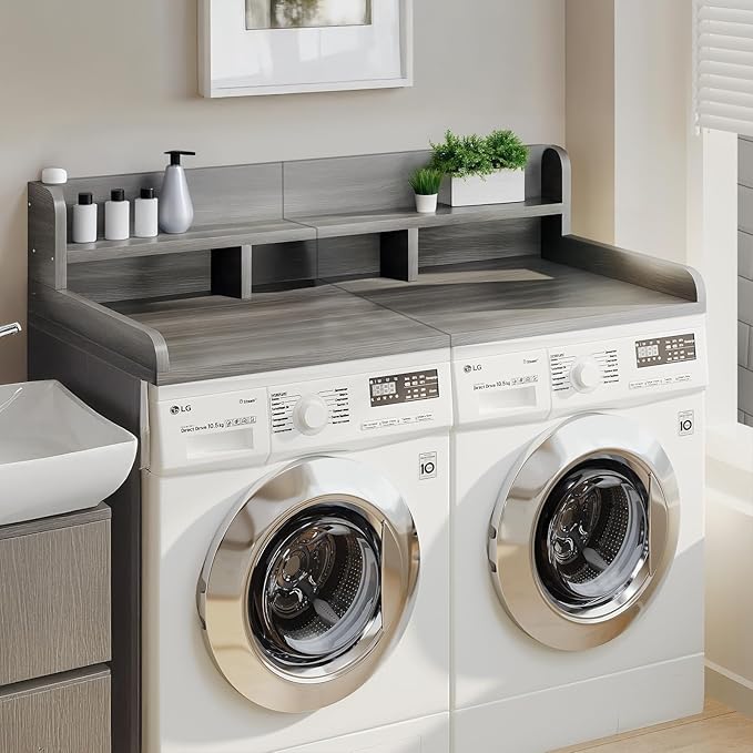 Washer Dryer Countertop, Laundry Wood Shelf Topper with Edge, 2-Tier Laundry Countertop, for Washer and Dryer Laundry Hamper Counter Storage Organization (Grey)