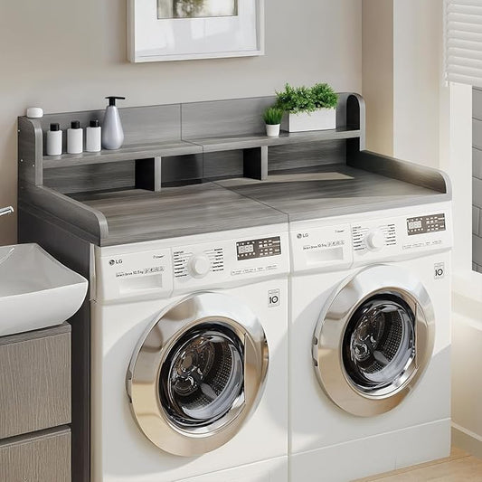 Washer Dryer Countertop, Laundry Wood Shelf Topper with Edge, 2-Tier Laundry Countertop, for Washer and Dryer Laundry Hamper Counter Storage Organization (Grey)