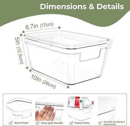MOONEDGE Clear Plastic Storage Bins with Lids – Stackable Organizer Containers for refrigerator, Kitchen, Pantry, Bathroom, Closet, Laundry Room, Office – 4 Pack (10×6×5 in)