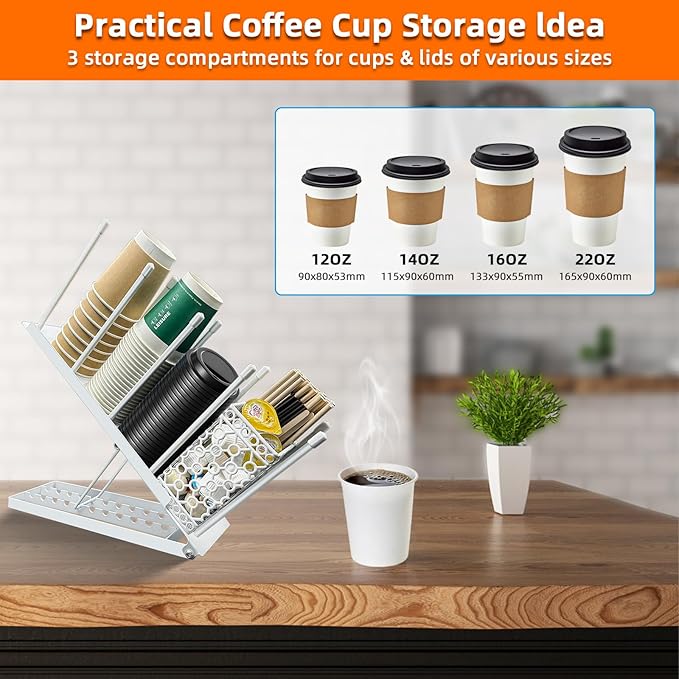 Coffee Bar Organizer Countertop, Metal Coffee Station Organizer with Straw Holder & Clean Brush, 4 Compartment Cup and Lid Holder Cup Dispenser Accessories Station (White)