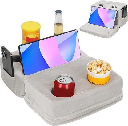 Couch Cup Holder Tray Pillow, Large Sofa Organizer Caddy with 6 Holes and Side Pocket Bed Refreshment Tray for iPad, Drinks, Remotes, Phones, Snacks, Removable & Washable (Silver)
