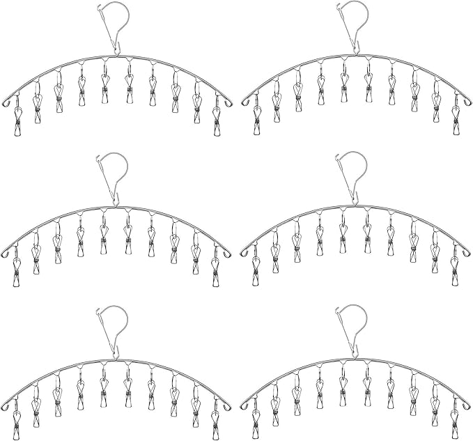 6 Pack Laundry Drying Hanger Rack, Stainless Steel Sock Underwear Peg Hanger with 10 Pegs Windproof Hokk
