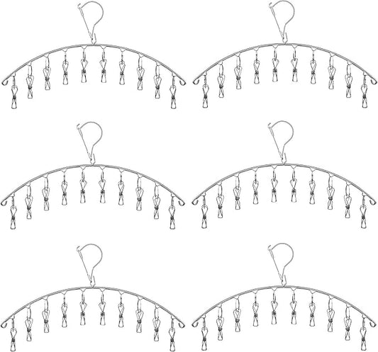 6 Pack Laundry Drying Hanger Rack, Stainless Steel Sock Underwear Peg Hanger with 10 Pegs Windproof Hokk