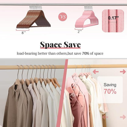 UEAKPIC Velvet Hangers 50 Pack, S-Shaped and Stackable Non Slip with 360°Swivel Hook, Ultra Thin and Space Saving Flocked, for Suits, Shirts, Coats, 15Lbs Capacity Heavy Duty, Pink