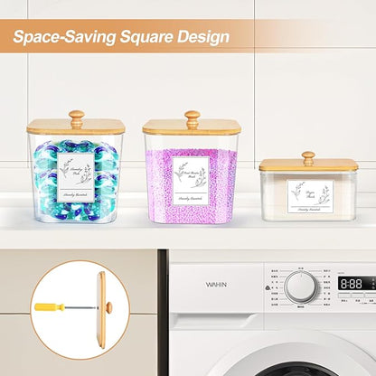 3 Pack Plastic Laundry Pods Container & Dryer Sheet Holder, Laundry Room Organization and Storage Jars with Lids, Scoops & Labels for Detergent, Powder, Scent Booster