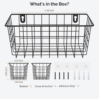 MaraFansie Hanging Kitchen Baskets Wire Storage Basket Adhesive and Screws Basket Over the Cabinet Door Organizer with Adhesive Strips and Screws Accessories, 2 Installations, 2 Pack