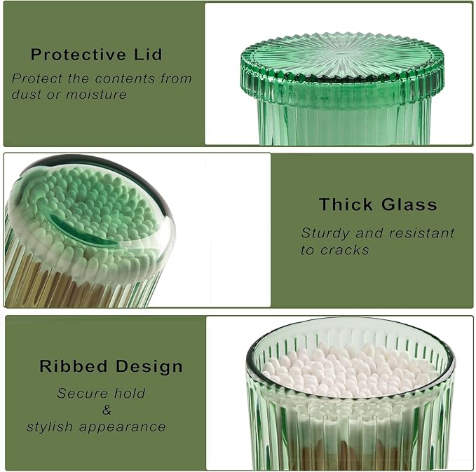 ESEHGS 2 Pack Glass Qtip Holder Dispenser Set - Bathroom Organizer for Cotton Swabs, Balls, Pads, Floss Picks - Clear Apothecary Jars for Vanity, Makeup Storage, Bathroom Accessories Decor (Green)
