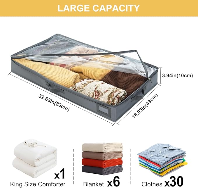 PLUMGEAN 4-Inch Under Bed Storage Containers (2-Pack) | Sturdy Sidewalls | Clear Cover & Label Holder | Foldable Fabric Closet Bin Organizer | Stores Clothing/Blankets/Sweaters/Sheets