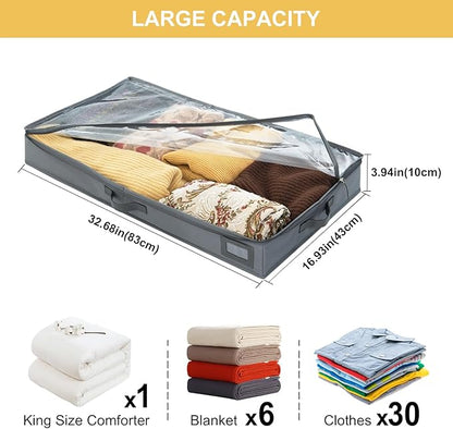 PLUMGEAN 4-Inch Under Bed Storage Containers (2-Pack) | Sturdy Sidewalls | Clear Cover & Label Holder | Foldable Fabric Closet Bin Organizer | Stores Clothing/Blankets/Sweaters/Sheets