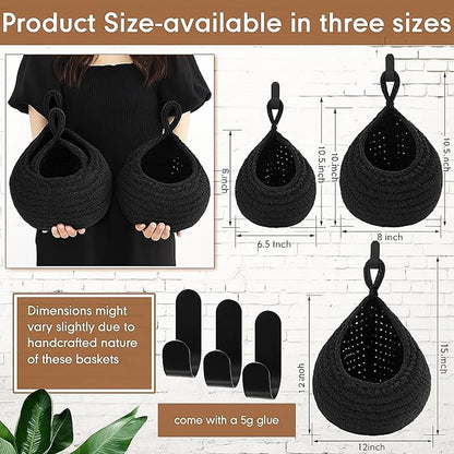 Honeydak Boho Decor Hanging Wall Baskets for Kitchen 3 Pack Teardrop Baskets with Hooks Storage Fruit Onion Vegetable Potato for Home 3 Sizes(Black,Cotton Rope)