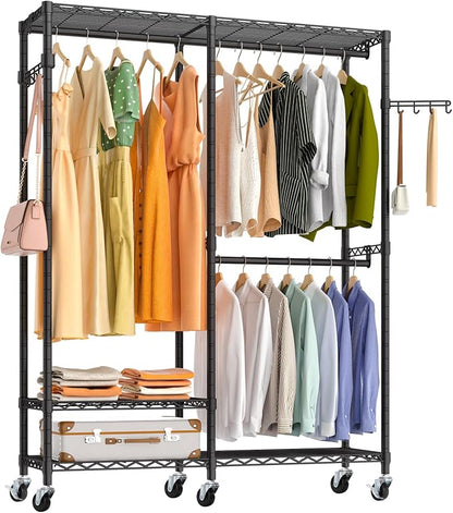 Heavy Duty Garment Rack, 3 Tiers Metal Adjustable Wire Shelves Closet Organizer and Storage Wardrobe Clothing Rack for Hanging Clothes with 2 Hanger Rods, Max Load 800LBS, Black