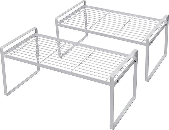 2Pack Cabinet Shelf Organizer Storage Rack Space Saving for Kitchen Counter Pantry Bathroom Cupboard Under Sink Office Table Desk Steel Stackable Rust Resistant Heavy Duty Nonslip 16” White