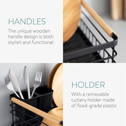 Navaris Dish Drainer Rack - Plate, Silverware, Pots and Pans Drying Rack for Kitchen with Beechwood Handles - Modern Retro Design Drip Tray - Black