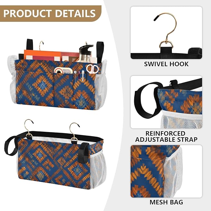 CuwrYet Bedside Caddy Hanging Bunk Bed Caddy Bed Organizer Hanging Pocket with 2 Hooks Bedside Storage Organizer Pocket Bag Holder Blue Orange Diamond Tie-dye
