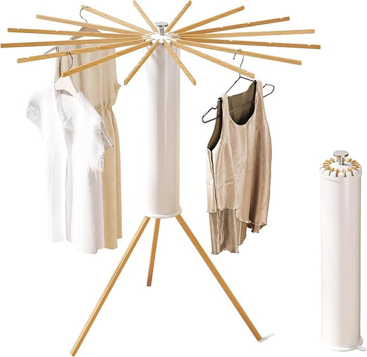 Foldable Tripod Clothes Drying Rack,Beechwood & Portable Laundry Stand, Space-Saving Collapsible Hanger with 16 Arms for Indoor & Outdoor Drying – Easy Setup, Stable Base, Fast Air-Drying Design