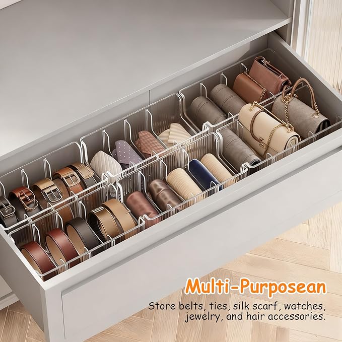 Afcabakila 2-Pack Belt Storage Organizer, Acrylic Belt Organizer with 8 Detachable Compartments, Clear Belts Holder for Closet & Drawer, Fits Most Sizes, Space-Saving Design for Ties, Bows & Jewelry