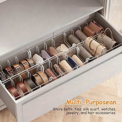 Afcabakila 2-Pack Belt Storage Organizer, Acrylic Belt Organizer with 8 Detachable Compartments, Clear Belts Holder for Closet & Drawer, Fits Most Sizes, Space-Saving Design for Ties, Bows & Jewelry