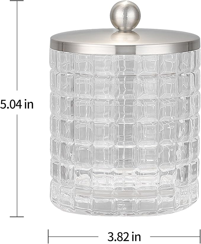 Indecor Home Clear transparent Apothecary Etched Geometric Grid Glass Jar W/Satin Nickel Metal Lid Cover for Bathroom Organization, Cotton Balls, Q Tips, and Small Accessories, Bathroom Storage