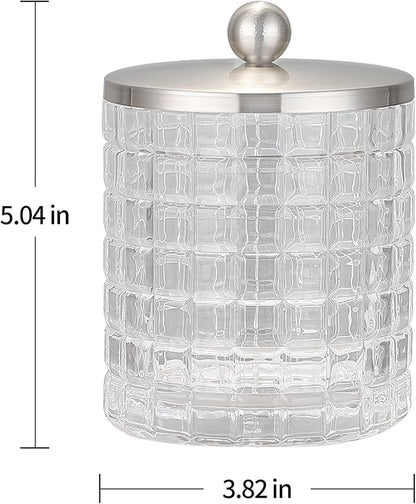 Indecor Home Clear transparent Apothecary Etched Geometric Grid Glass Jar W/Satin Nickel Metal Lid Cover for Bathroom Organization, Cotton Balls, Q Tips, and Small Accessories, Bathroom Storage