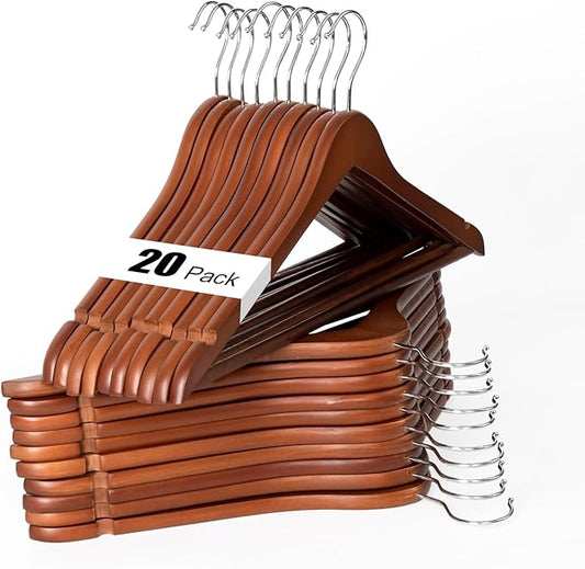 Hapmira Premium Wooden Hangers 10 Pack, Natural Solid Wood Hangers with Trouser Rods and Shoulder Notches, Space Saving for Suits, Shirts, Jackets, Dresses and Pants (20, Vintage)