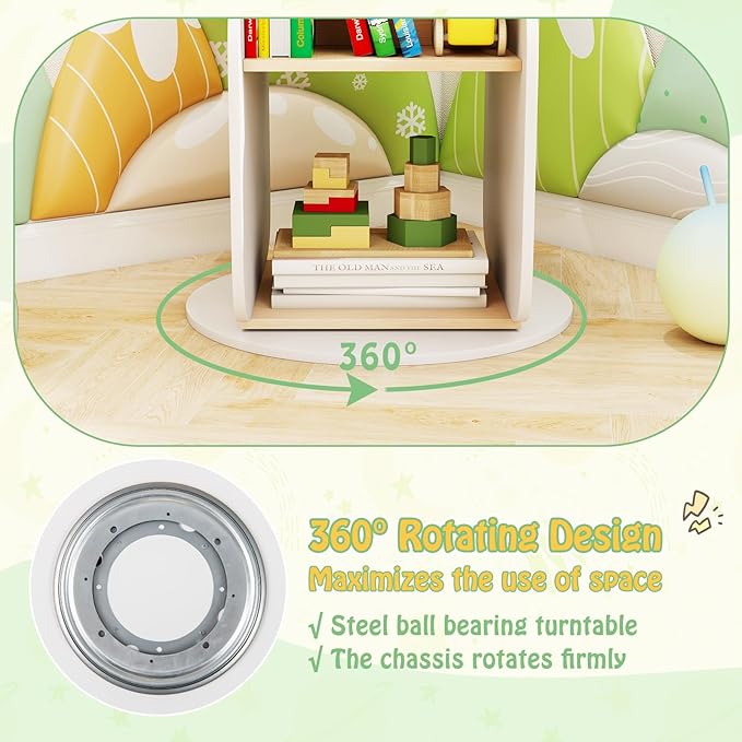 HONEY JOY Kids Rotating Bookshelf, Wooden Spinning Small Corner Organizer, 360°Display Standing Toddler Bookshelf, Narrow Storage Rack, Montessori Book Shelf for Nursery, Classroom, Playroom, Bedroom