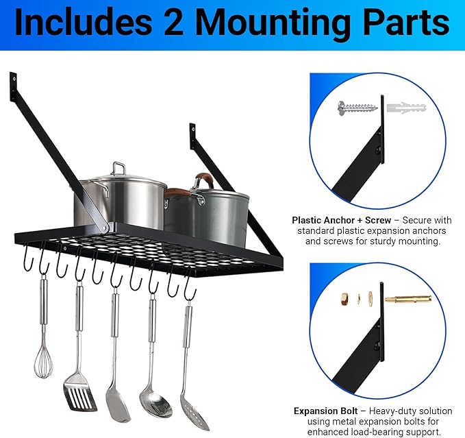 Miyili Wall Mounted Hanging Pot Rack – 30 by 13-Inch Kitchen Organizer with 10 Hooks, Space-Saving Cookware Hanger for Pots & Pans, Black