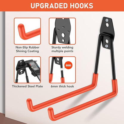 42 Pack Garage Hooks Heavy Duty, Rust-Resistant Solid Steel Wall Mount Hangers for Hanging Ladders & Bikes, Non-Slip PVC Coating Tool Organizer, 5 Sizes U & J Shapes + 6 Straps
