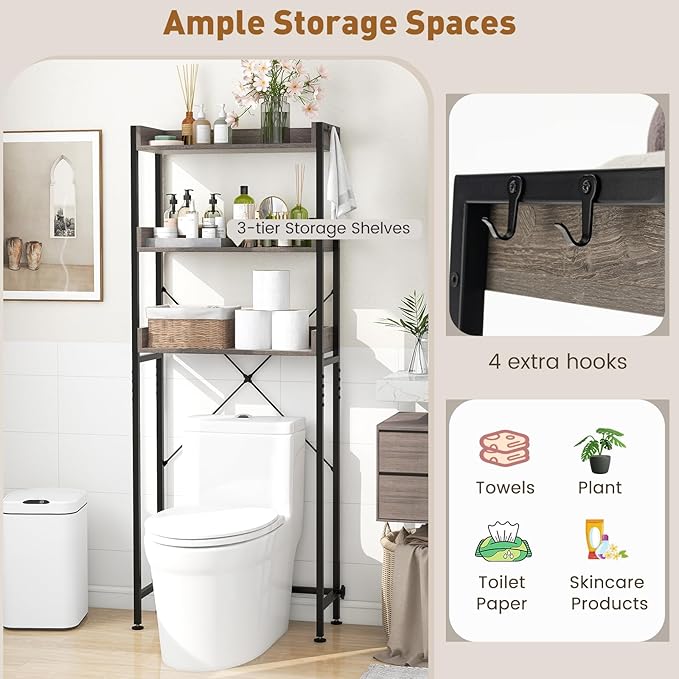 LOKO 3-Tier Over The Toilet Storage Rack, Bathroom Space Saver Shelf, Freestanding Above Toilet Organizer with 4 Hooks, Anti-Tipping Device, Metal Frame Toilet Rack for Balcony Laundry (Grey+Black)