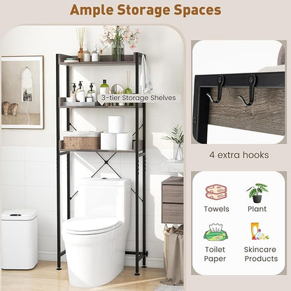 LOKO 3-Tier Over The Toilet Storage Rack, Bathroom Space Saver Shelf, Freestanding Above Toilet Organizer with 4 Hooks, Anti-Tipping Device, Metal Frame Toilet Rack for Balcony Laundry (Grey+Black)