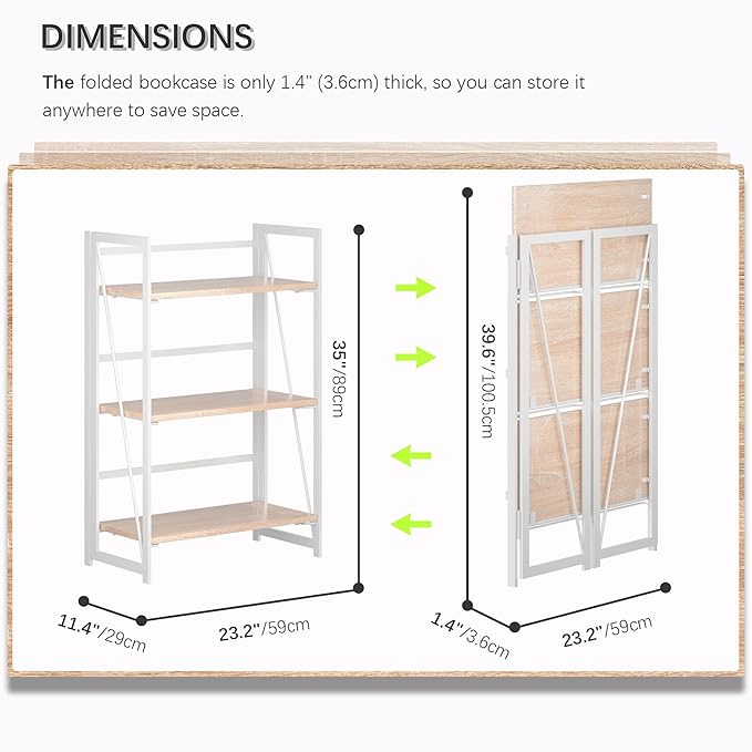 4NM No Assembly 3 Tiers Collapsible Book Shelves, Folding Bookshelf Bookcase Open Industrial Foldable Shelves for Bedroom, Living Room, Home Office - Natural White