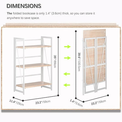 4NM No Assembly 3 Tiers Collapsible Book Shelves, Folding Bookshelf Bookcase Open Industrial Foldable Shelves for Bedroom, Living Room, Home Office - Natural White
