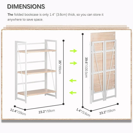 4NM No Assembly 3 Tiers Collapsible Book Shelves, Folding Bookshelf Bookcase Open Industrial Foldable Shelves for Bedroom, Living Room, Home Office - Natural White