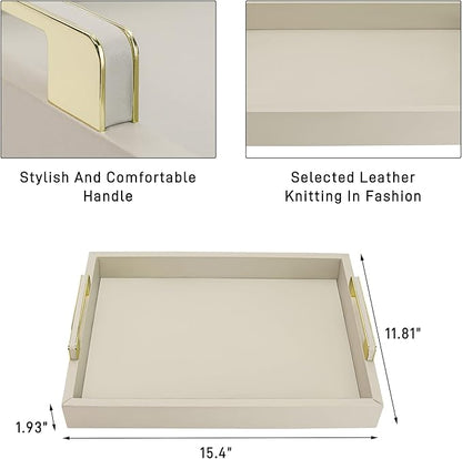 Decorative Tray for Coffee Table, Serving Tray with Handles for Ottoman, 16"x12" Large Rectangular Tray Leather Serving Trays for Home Decor, Living Room, Kitchen, Bedroom - Cool Gray