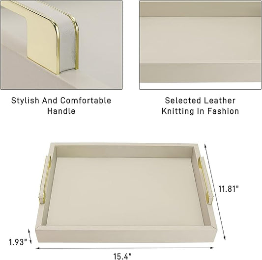 Decorative Tray for Coffee Table, Serving Tray with Handles for Ottoman, 16"x12" Large Rectangular Tray Leather Serving Trays for Home Decor, Living Room, Kitchen, Bedroom - Cool Gray