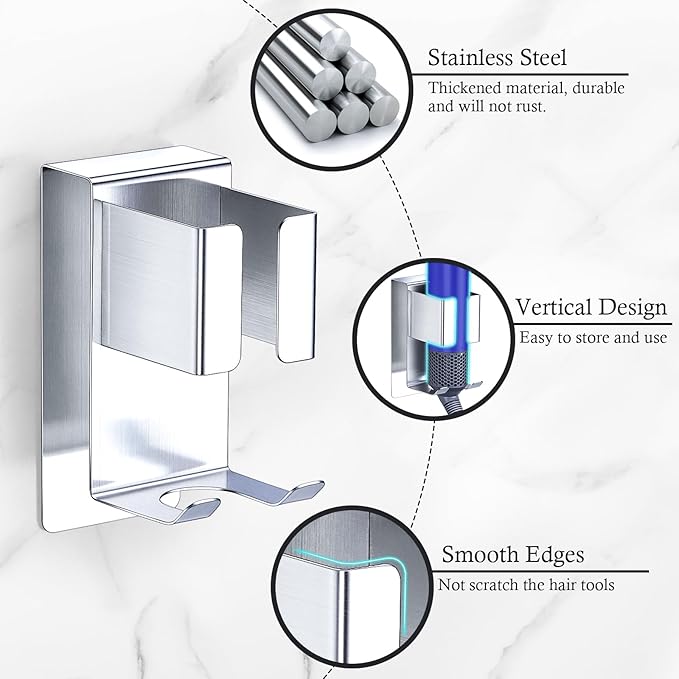 LOXSUN Hair Straightener Holder Wall Mount Curling Iron Holder, Blow Dryer Holder Wall Mounted, Adhesive Hair Dryer Holder, Hair Tools Organizer Storage for Bathroom Vanity (1, Silver)