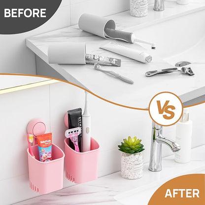 LEVERLOC Powerful Suction Toothbrush Holder 2 Pack, Removable Drill-Free Wall Shower Holder for Toothbrush, Toothpaste, Razor, Self-draining Suction Cup in Shower, Kitchen Tableware Organizer, Pink