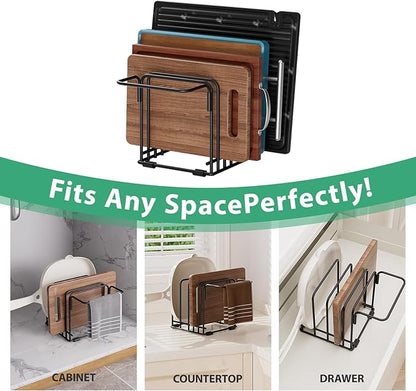 KMUZAWN Cutting Board Organizer,5-Slot Steel Kitchen Storage Rack for Cutting Boards, Baking Trays,towel,and Thin Pans-Space-Saving Kitchen Storage(Black, 3 Pack)