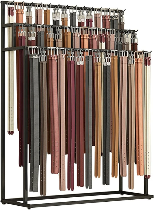 Floor Mounted Belt Hanger, Metal Men Closet Display Stand Organizer, Ties Scarf Rack Shawls Purse Shelf for Clothing Retail Bedroom (Color : Black, Size : 80X40X150CM)