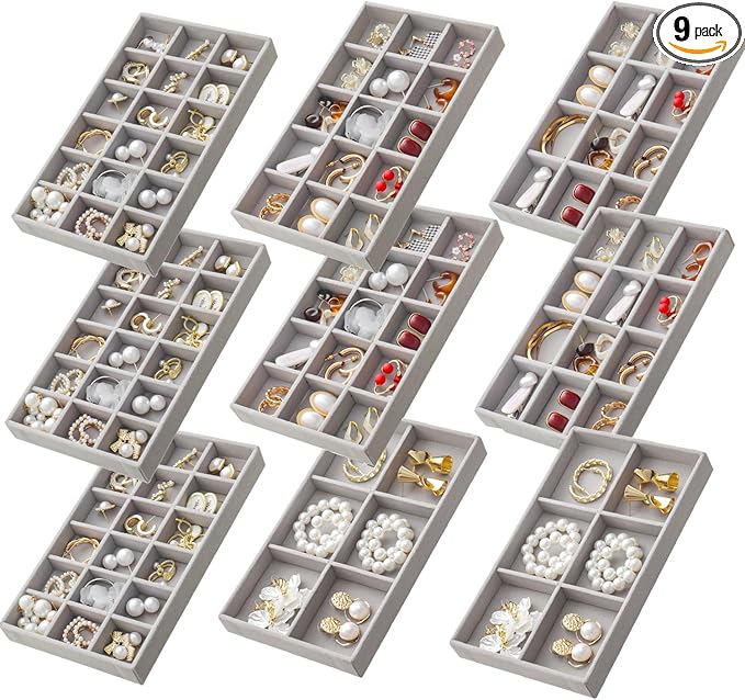 SPAKOWN Jewelry Organizer for Drawer Set of 9, Velvet Jewelry Tray Stackable Jewelry Organizer Display Trays Divided Earring Storage Containers (Grey)