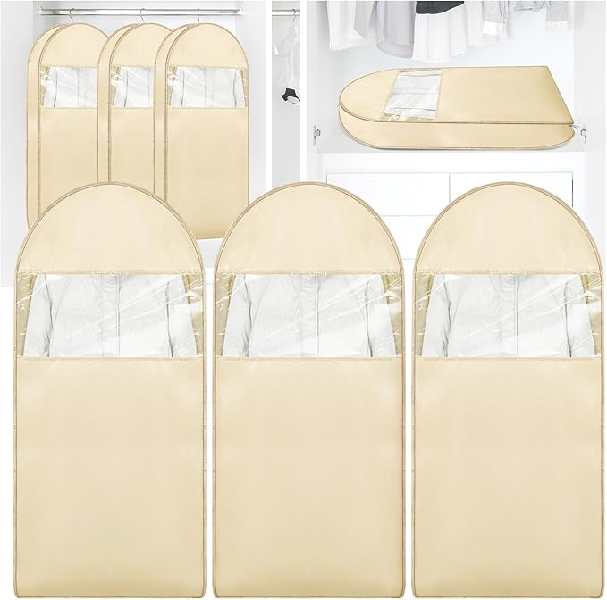 Space Saving Hanging Garment Bag with Self Compression Seal, Large Clear Garment Storage Bags for Jackets and Suits, Closet Bags Clothes (Beige, 3PCS(XL))