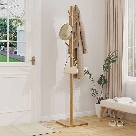 Coat Rack Freestanding with Stable Square Base for Cloathes, Hat, Used in Bedroom, Office and Entryway, Sturdy and Easy Assembly Coat Tree with 3 Adjustable Sizes and 8 Hooks, Natural